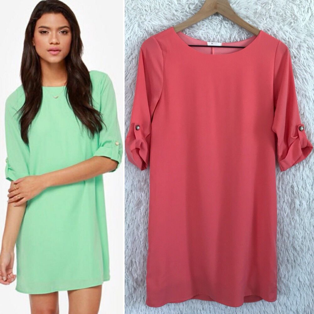 Everly Cuffed Sleeve Shift Dress Coral Pink Boat Neck Pullover Womens Size Small